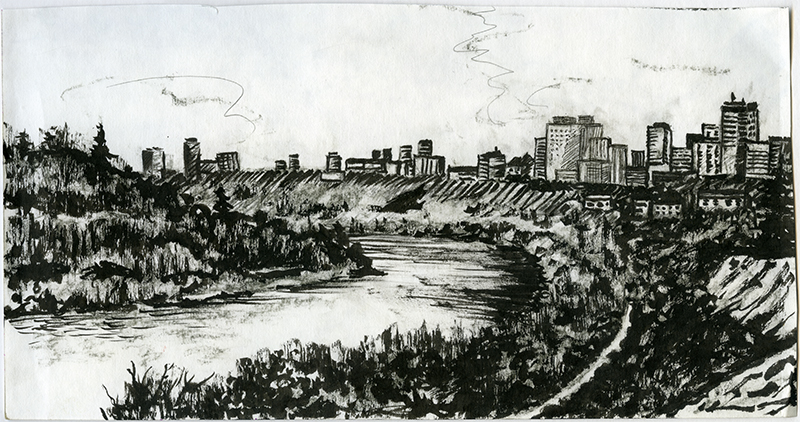 A black and white line drawing of trees along the North Saskatchewan River, with Edmonton's City Skyline in the background.