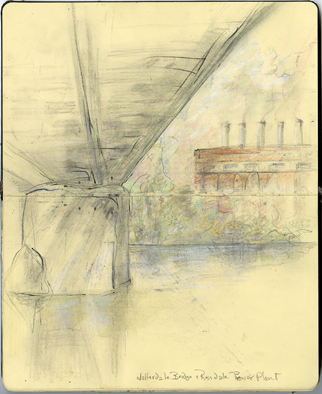 A sketch of the underside of a bridge, with an old red brick factory in the background.