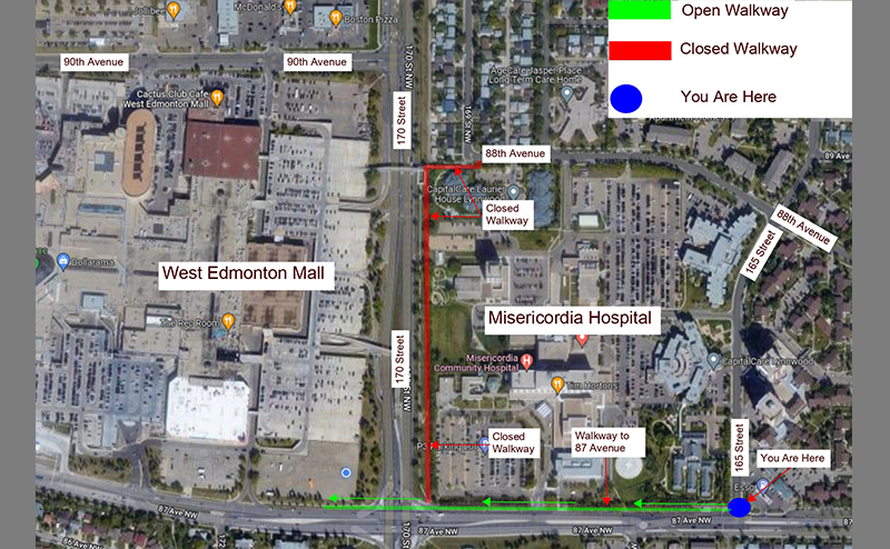 Detour from 87 Avenue and 165 Street to 170 Street/WEM
