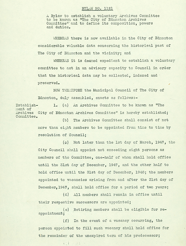 Page 1 of Bylaw 1121, establishing the Archives and Landmarks Committee 1947