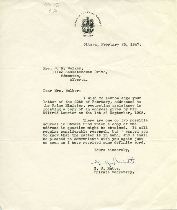 Office of the Prime Minister letter February 25, 1947