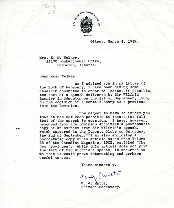Office of the Prime Minister letter March 4, 1947