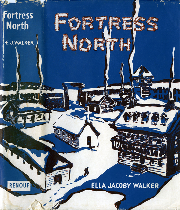 The Cover for the Novel "Fortress North", featuring an illustration of houses in the snow, with chimney smoke rising into a dark blue sky. 