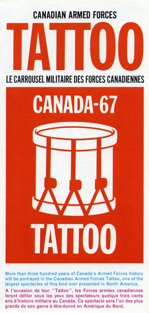 A poster with bold writing and a white drum on a red background.