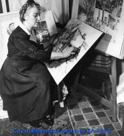 A woman sitting an easel, painting a house.
