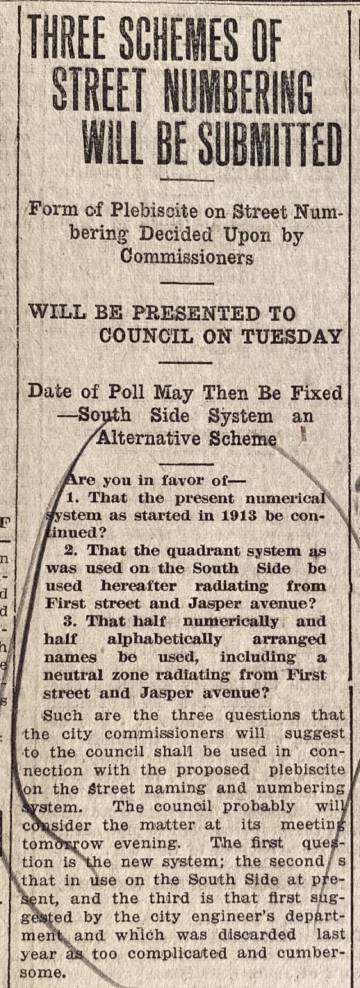 An excerpt from the Edmonton Bulletin discussing a street naming and numbering system.