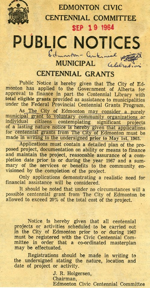 A public notice from 1964 discussing the City of Edmonton's application for a grant to fund the Centennial Library.