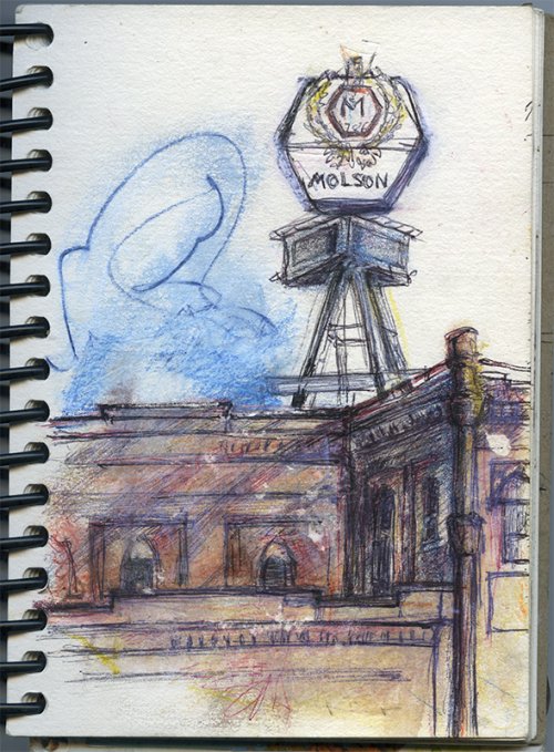 A sketch of the Molson Brewery, with the Molson sign as a focal point.