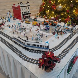 Winter scene of Edmonton made out of LEGO including the LRT