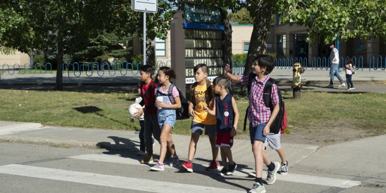children crossing street at pedestrian crossing