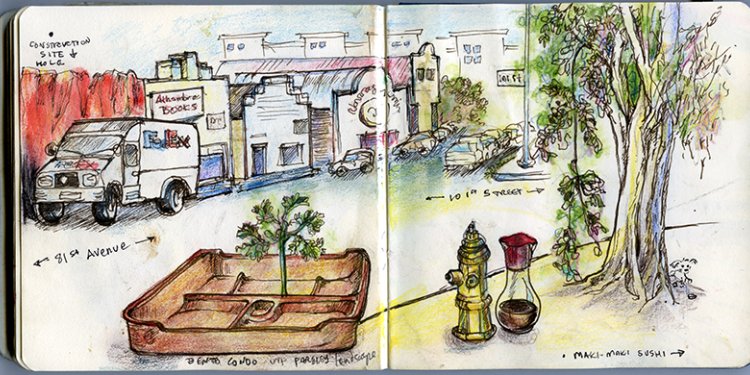 A drawing in a sketchbook spanning across two pages, featuring the Ritchie neighbourhood