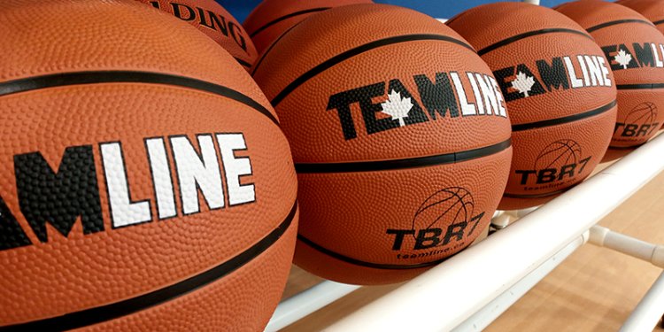 Photo of basketballs on a rack.