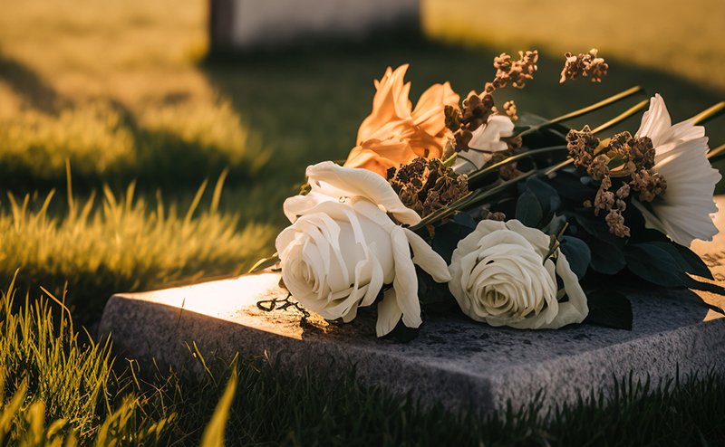 flat headstone with white rose on top