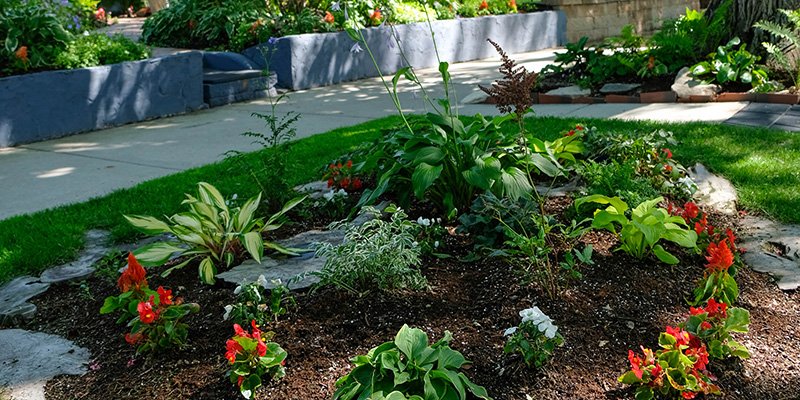 A ground-level flower garden, alongside a manicured lawn and a walkway.