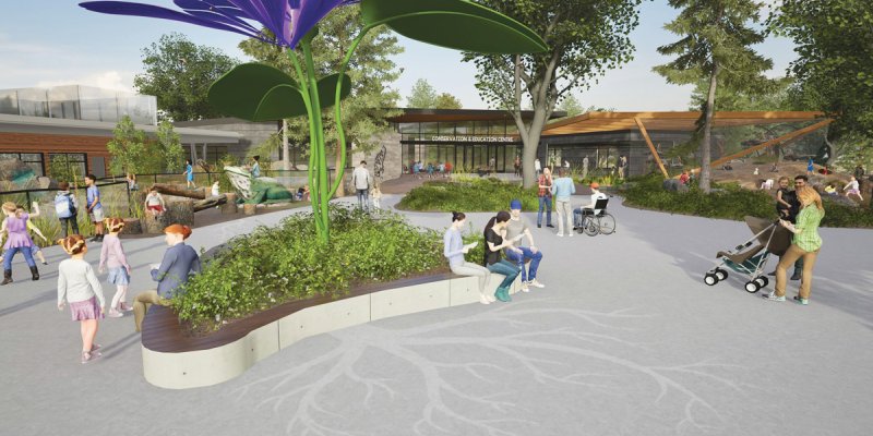 Render: Nature Learn and Play Zone; Conservation Education Centre; Northern Leopard Frog and Burrowing Owl Habitats