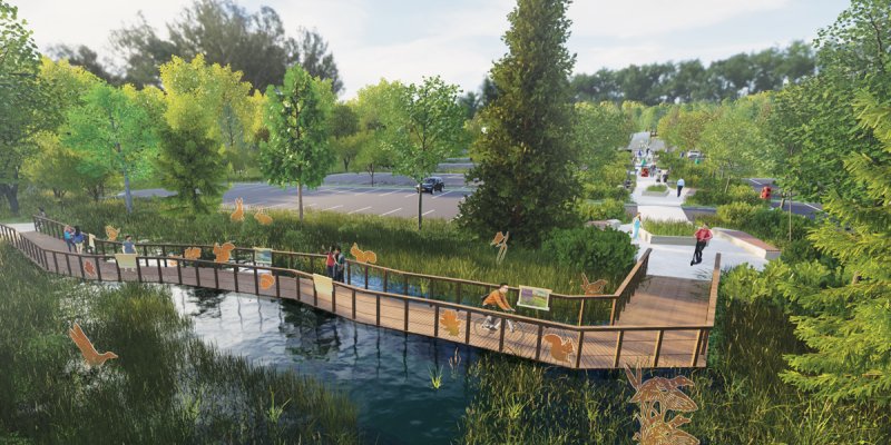 Render: Interpretive wetland boardwalk and parking lot