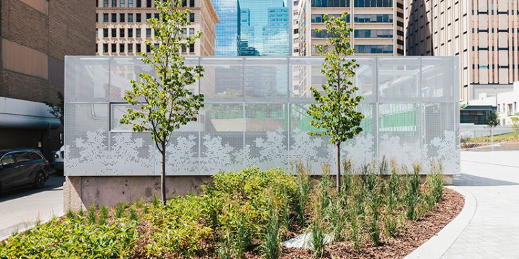 silver art installation in plaza surrounded by small trees