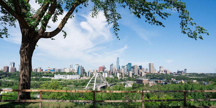 Summer view of downtown Edmonton skyline from the south