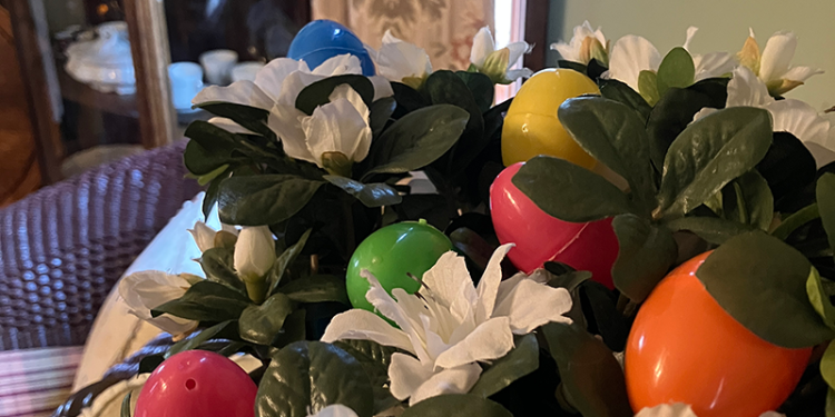 easter eggs in flowers