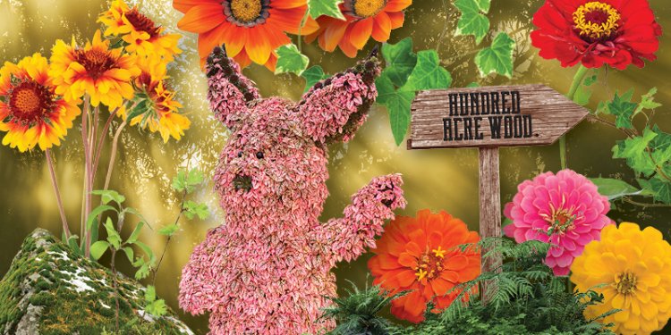 The character Piglet made out of pink flowers, surrounded by flowers of other various colours. A wooden sign post reads "Hundred Acre Wood".