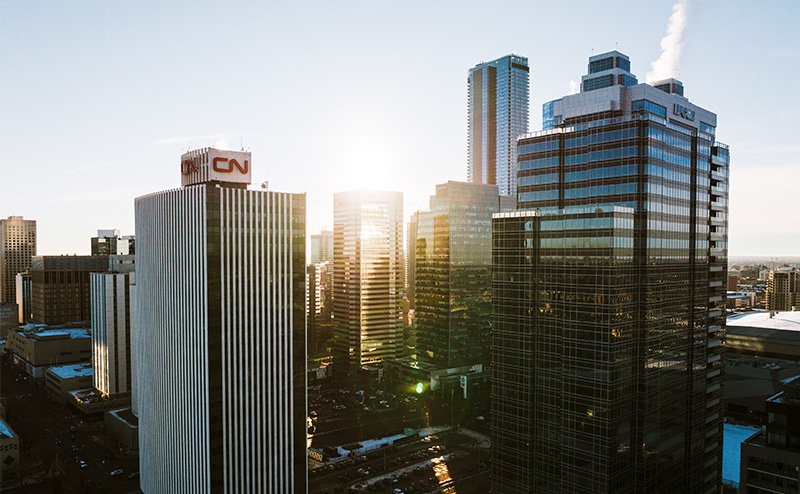 Aerial view of the CN and Epcor towers, downtown Edmonton