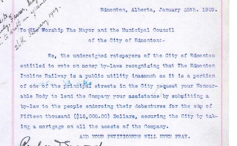 A preview of a petition from 1909 to save the Edmonton Incline Railway.