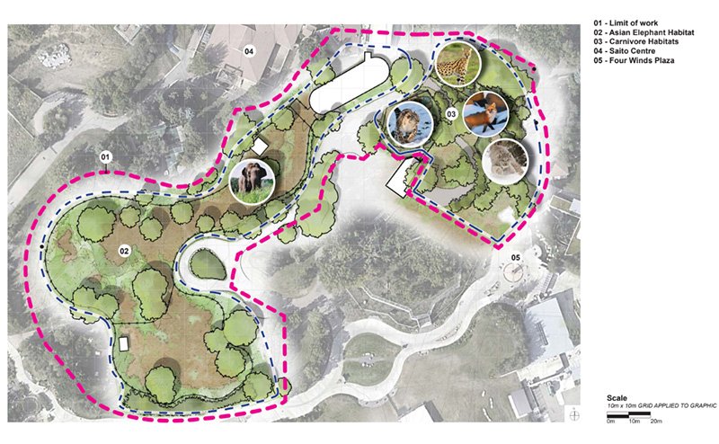 An overhead two-dimensional map of the area being renewed and expanded during Phase 2 of the project. A boundary line surrounds the area that will be renewed and enhanced. Circle-shaped indicators with animal photos inside highlight where the Asian elephant, Canada lynx, snow leopard, serval cat and red fox are located in the Zoo.