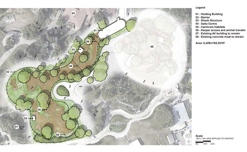A design diagram featuring the layout of the renewed, enhanced and expanded Asian elephant habitat. This design has an additional holding building, as well as new barriers for an expanded yard with grass, trees and a shade structure.
