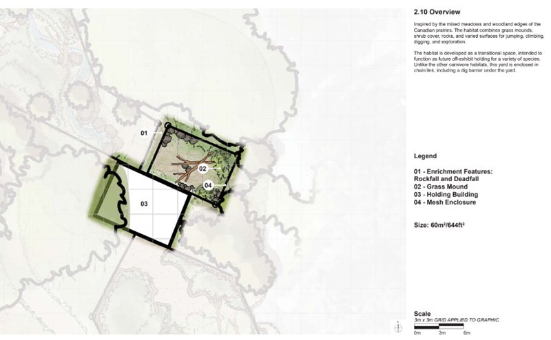  A design diagram featuring the layout of the new red fox habitat. This habitat is inspired by the mixed meadows and woodland edges of the Canadian Prairies. The habitat combines grass mounds, shrub cover, rocks and varied surfaces for jumping, climbing, digging and exploration.