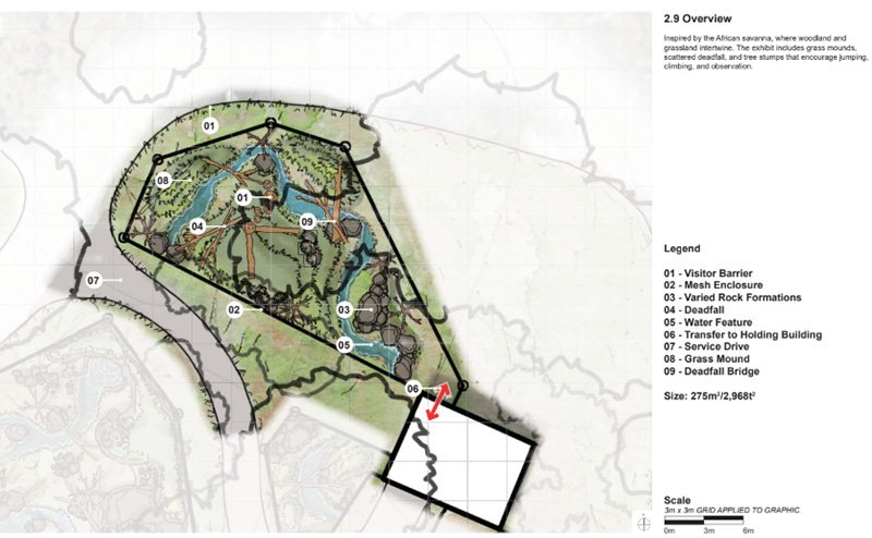 A design diagram featuring the layout of the renewed and enhanced serval cat habitat. This habitat is inspired by the African savanna with grass, trees and a water feature. Grass mounds, scattered deadfall and tree stumps encourage jumping, climbing and observation.