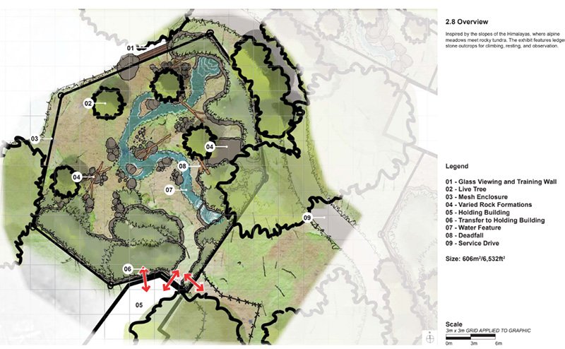A design diagram featuring the layout of the renewed and enhanced snow leopard habitat. This habitat mimics Himalayan slopes. This habitat has grass, rocks, trees, logs and a waterfall, which flows into a stream. There are also ledges and stone outcrops for climbing, resting and observation.