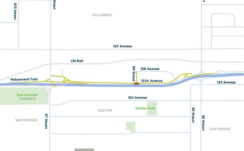 Map showing Yellowhead Freeway Conversion Project Area 97 Street to 82 Street